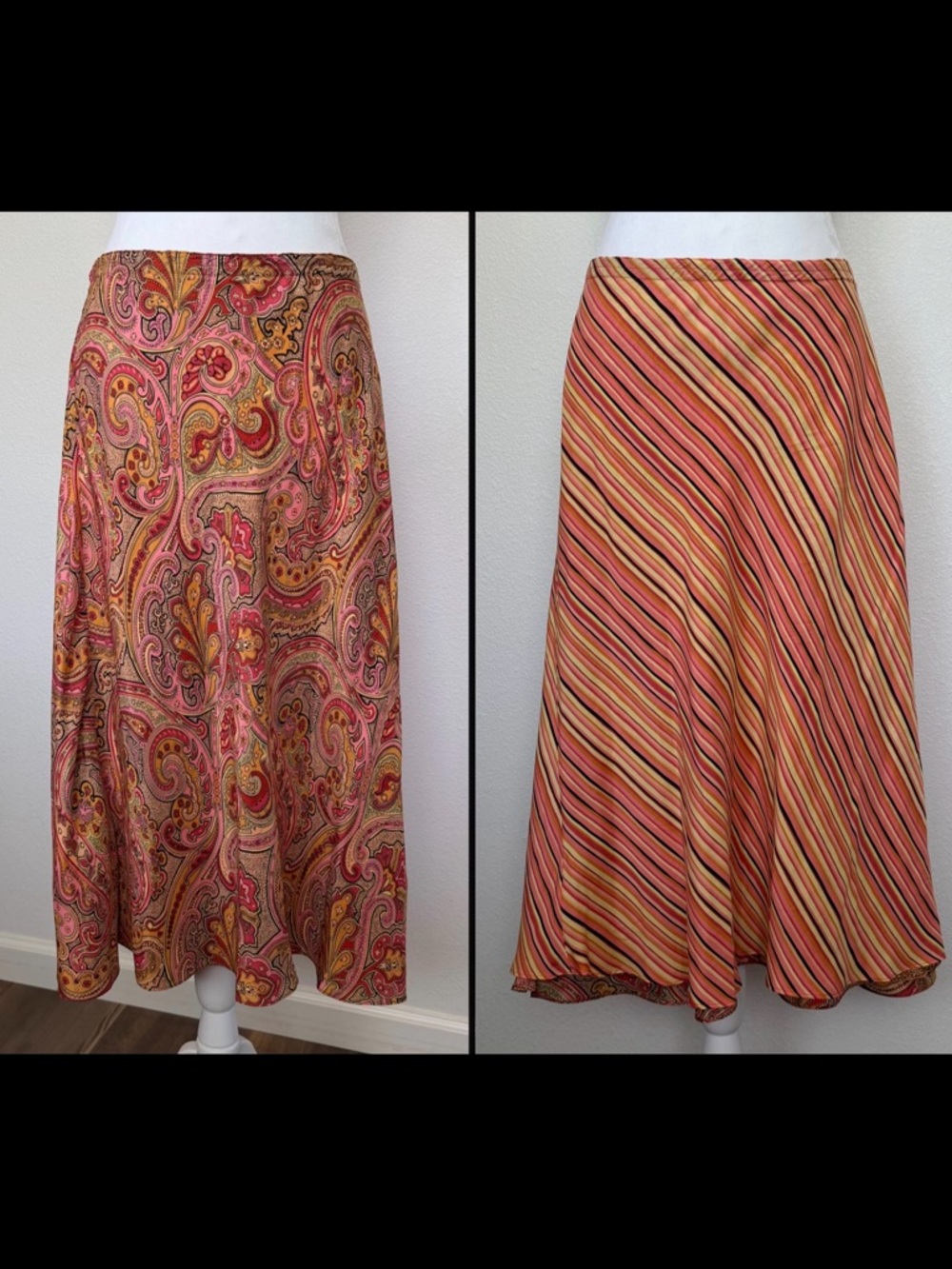 Vintage Robbie Bee Women's Reversible Paisley/Stripe Silk Midi Skirt Orange Sz 8